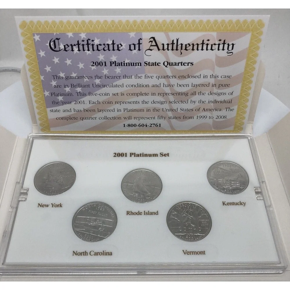 2001 Platinum Edition State Quarter Coin Collection 5 Coin Set with COA MINT .25
